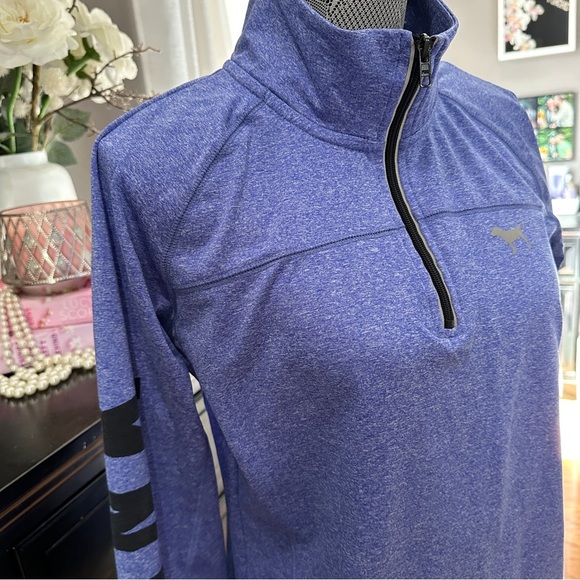 Victoria’s Secret PINK Quarter Zip Pullover Blue Heather Logo Sleeve Size L - Picture 4 of 15